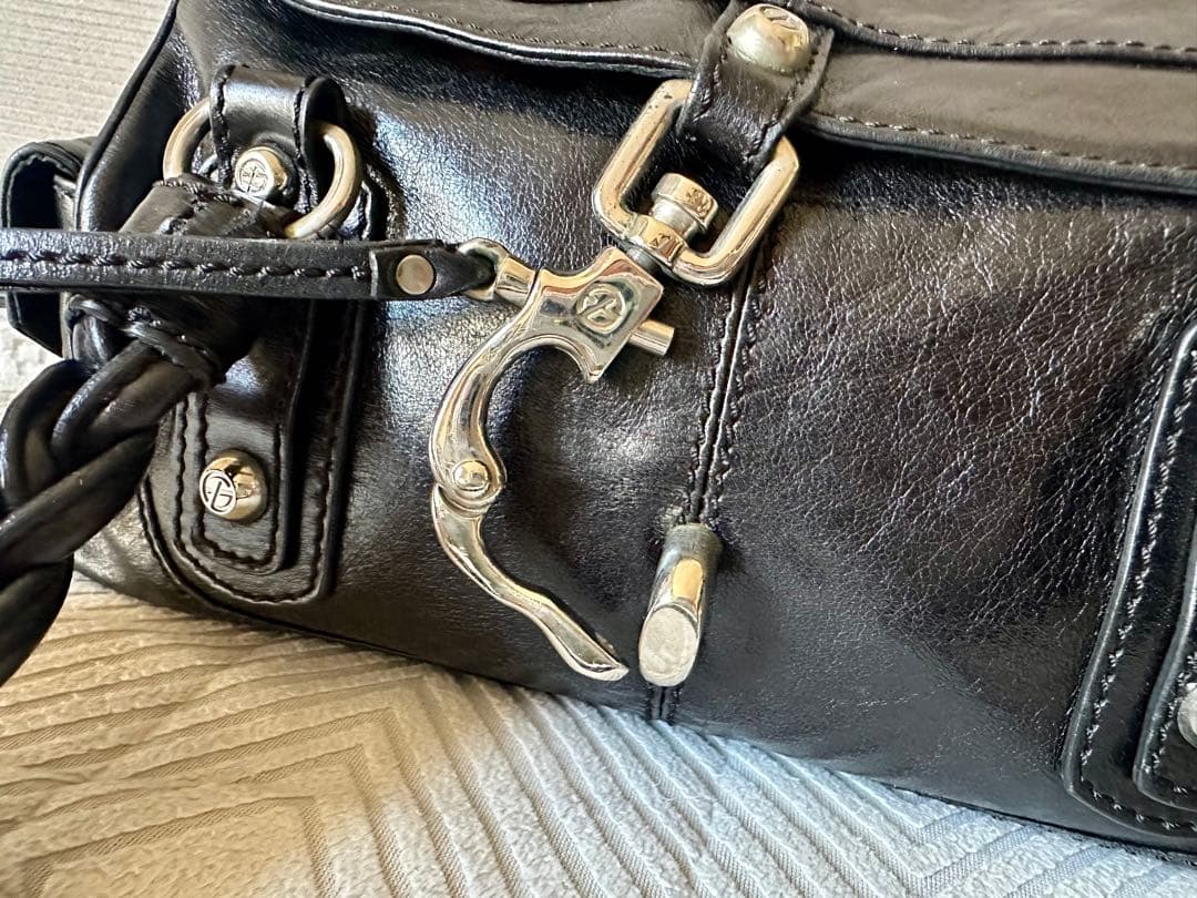 美品 フランチェスコビアジア 編み込みハンドル オールレザーバッグ 黒