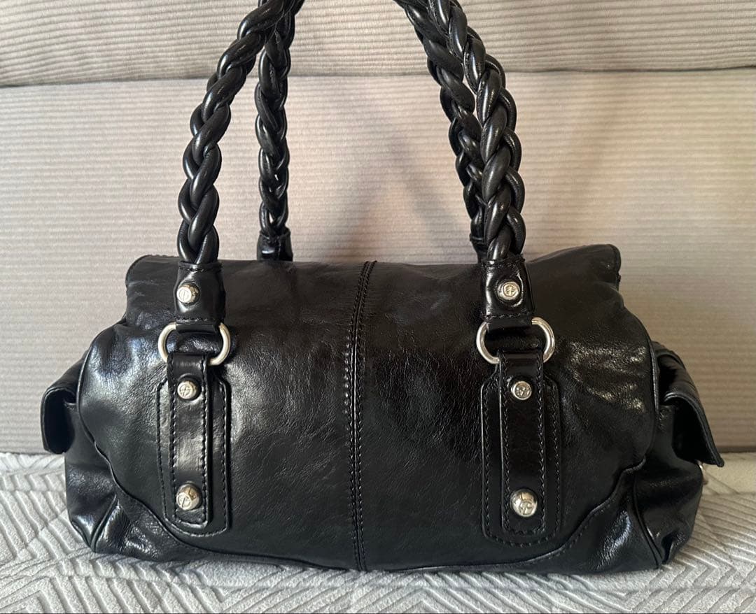 美品 フランチェスコビアジア 編み込みハンドル オールレザーバッグ 黒