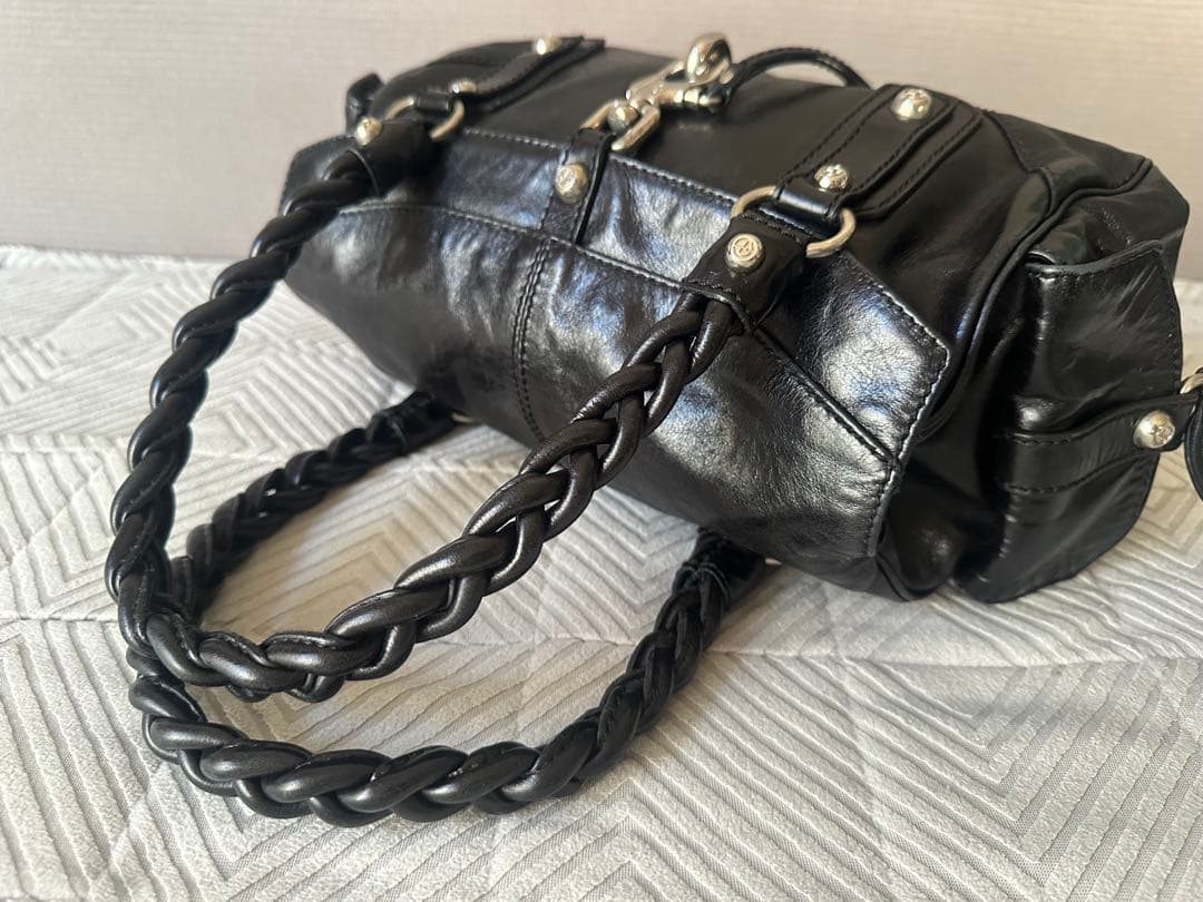 美品 フランチェスコビアジア 編み込みハンドル オールレザーバッグ 黒