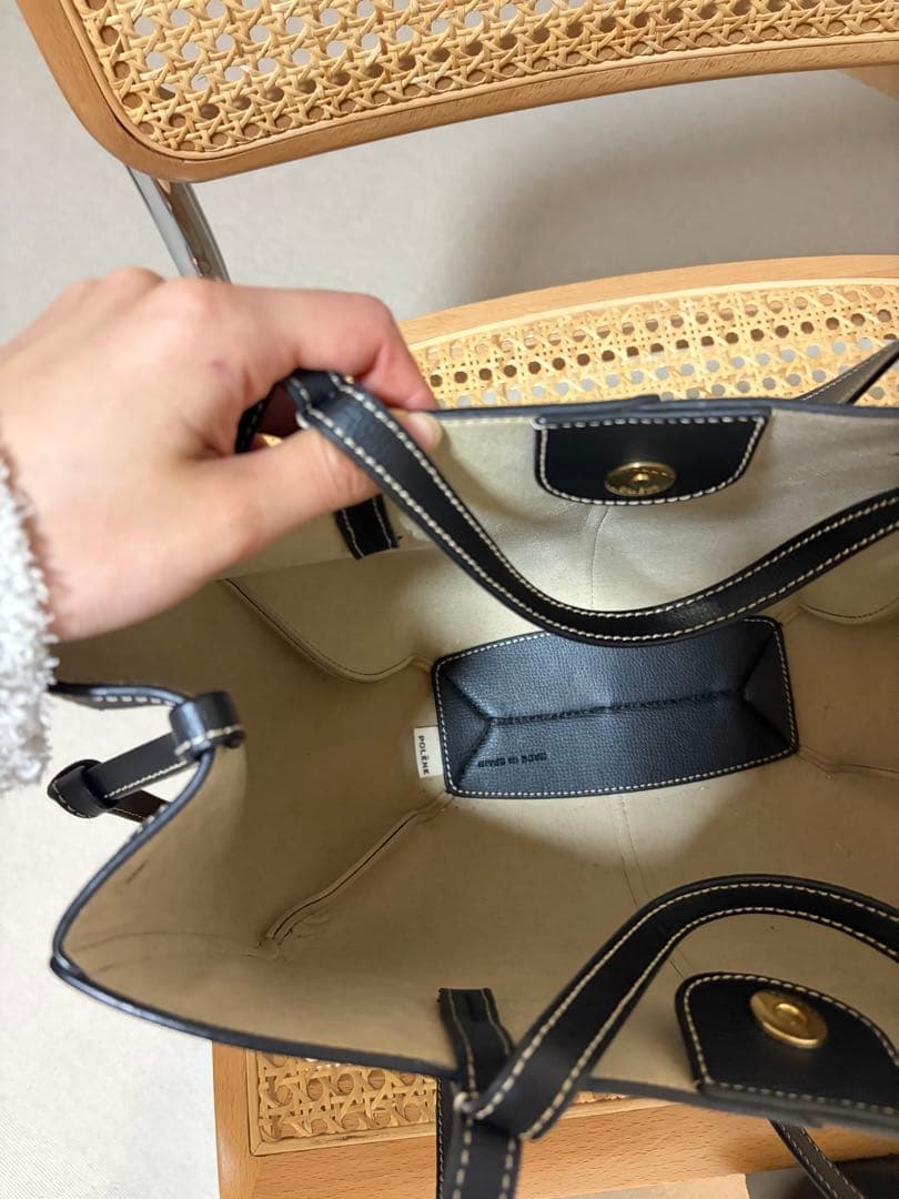 polene cyme mini ブラック テクスチャード エクリュ ステッチ