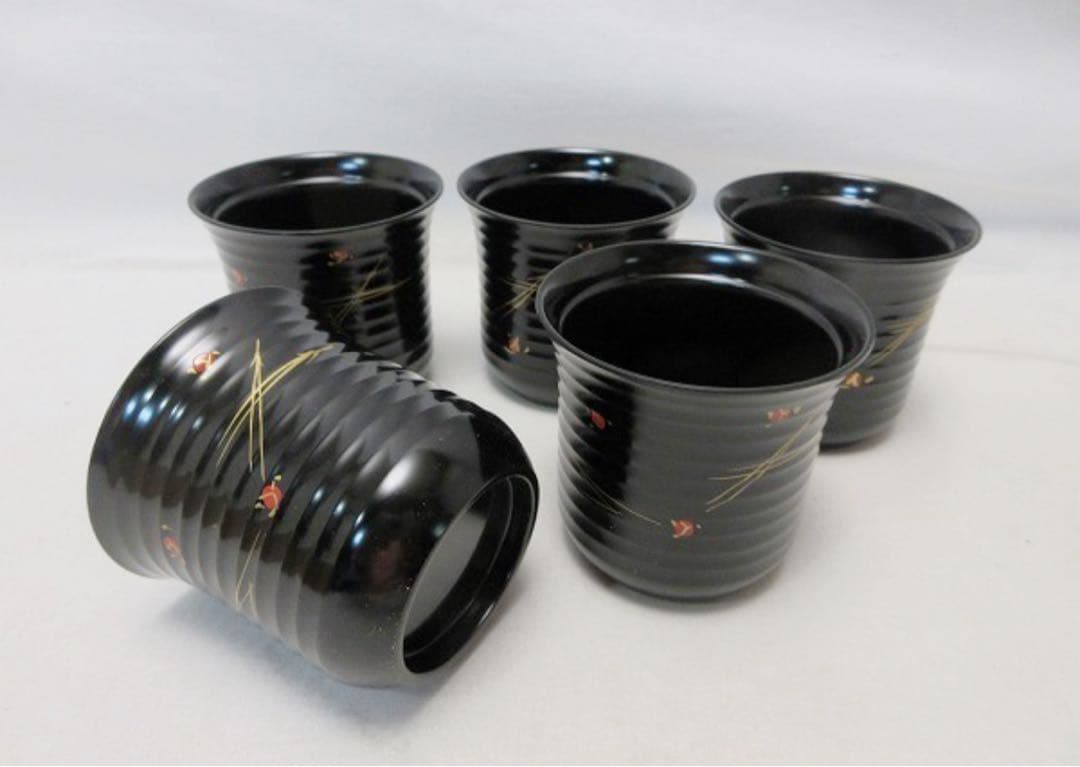 ほぼ未使用 懐石道具 黒塗 金彩蒔絵 箸洗5客揃 小吸物椀 汁椀 共箱