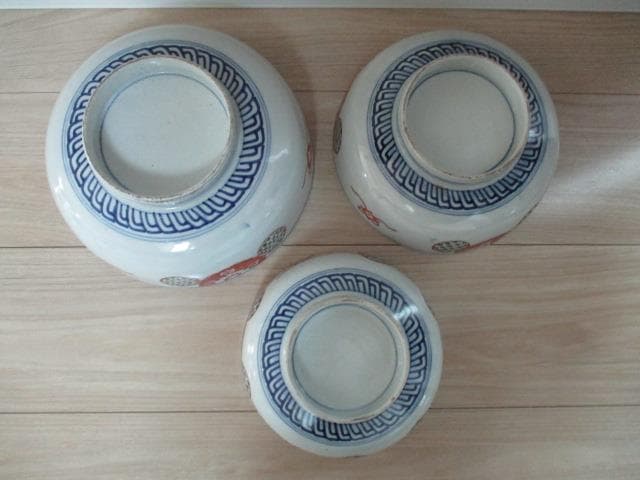 古伊万里　江戸幕末～明治期頃　染錦　鹿鶴文　三つ鉢