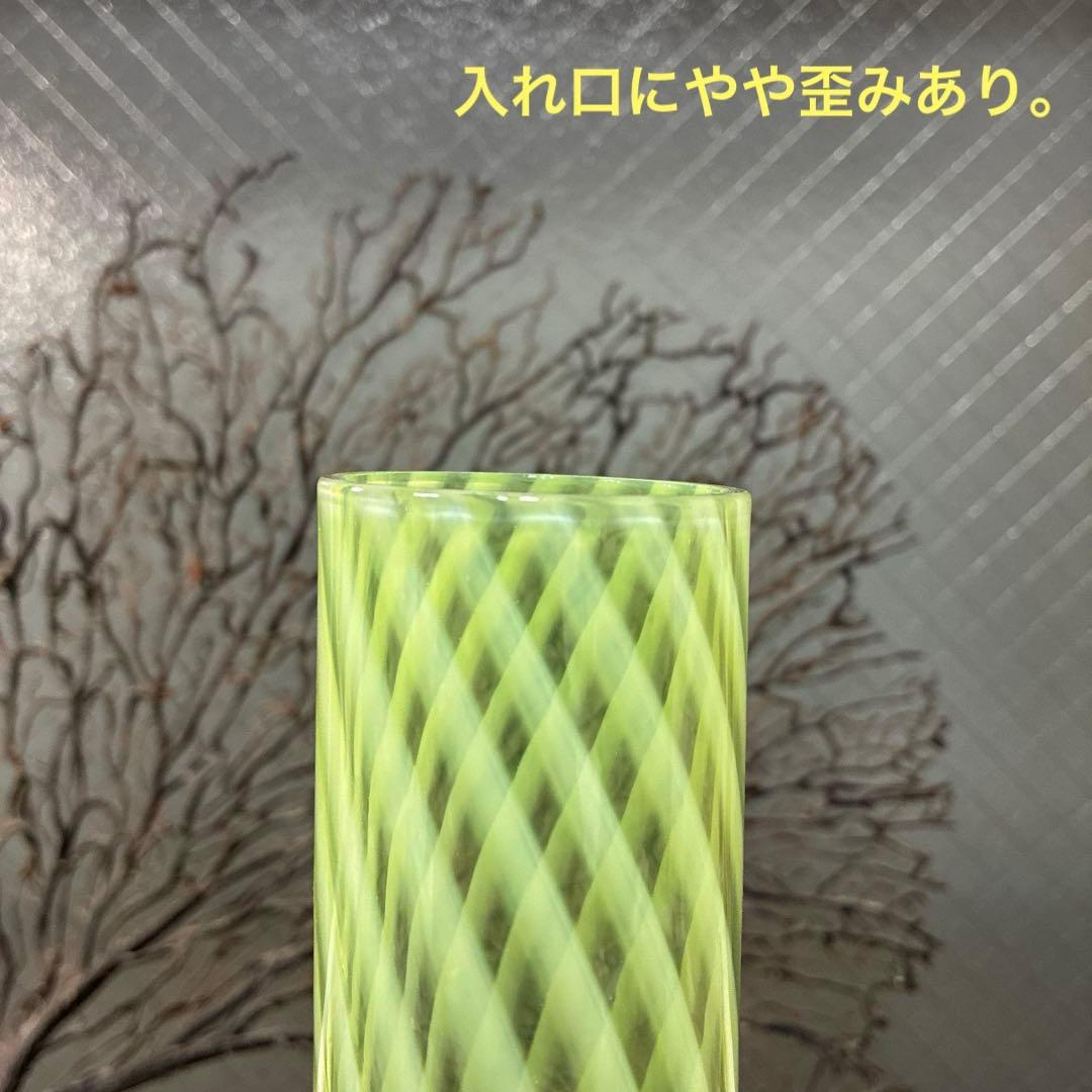 骨董 時代ガラス 希少 黄色乳白色 縞紋 筒型容器 花器 蓋は後付け