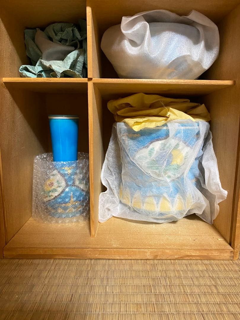 茶道具 翠嵐窯 宝泉造 木箱付 茶道具セット 四点 花鳥模様 青色陶器