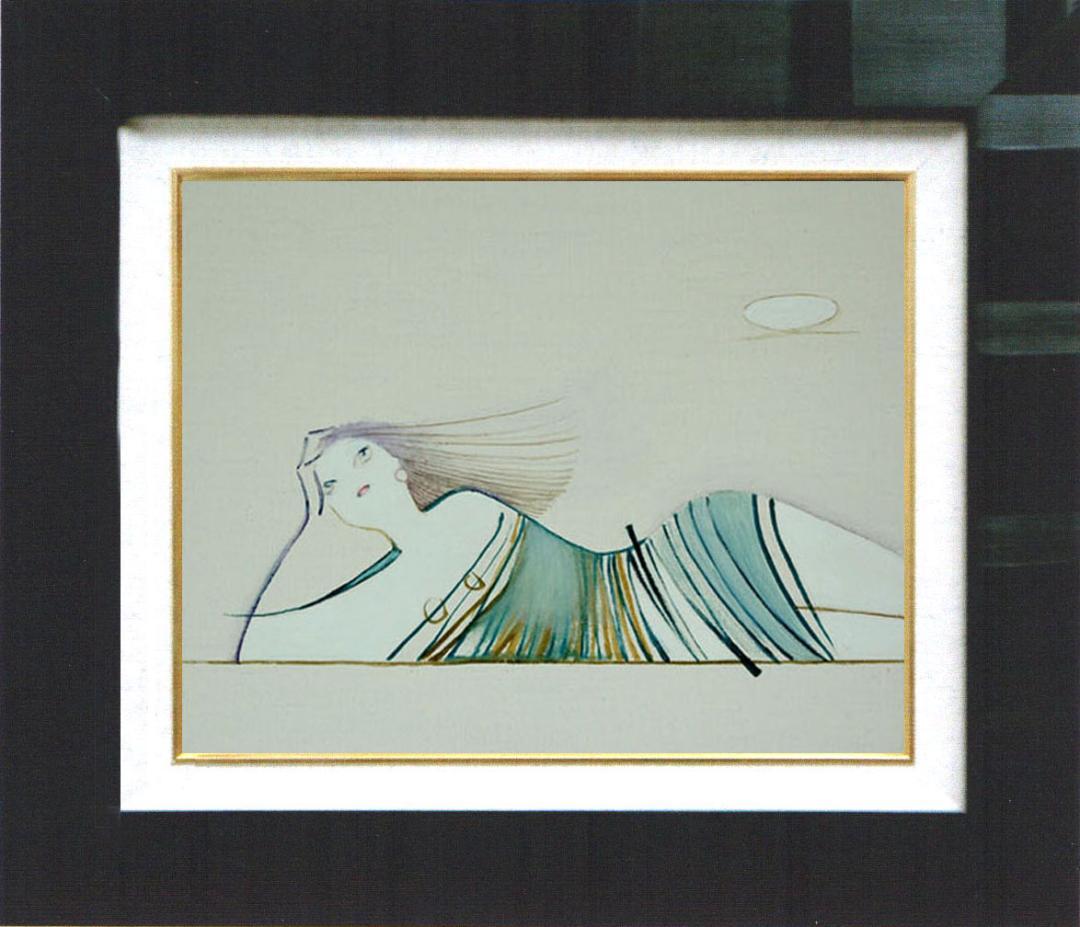 油絵 菅家令子 絵 絵画インテリア額付(青緑＋金色の枠) F3-041114女性