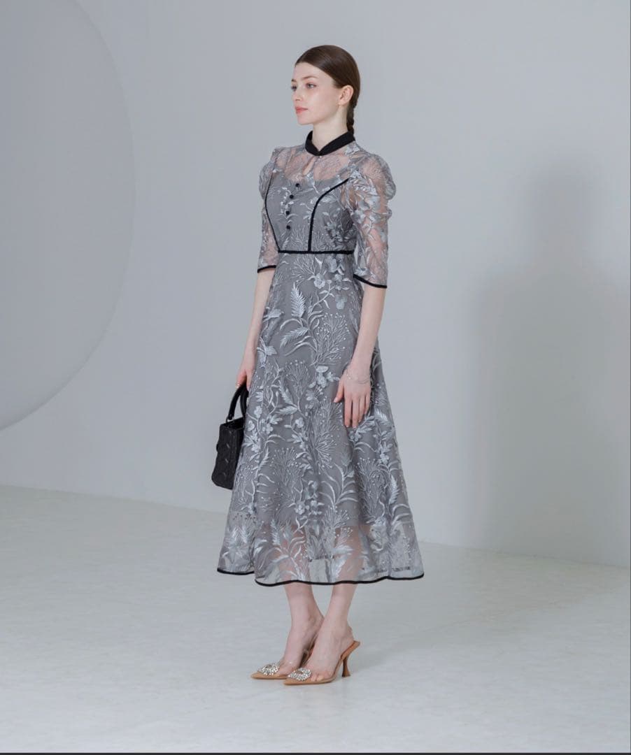 LEJA 花柄　刺繍　レース　チュール　パフスリーブ　ロング　ドレス　ブルー　S