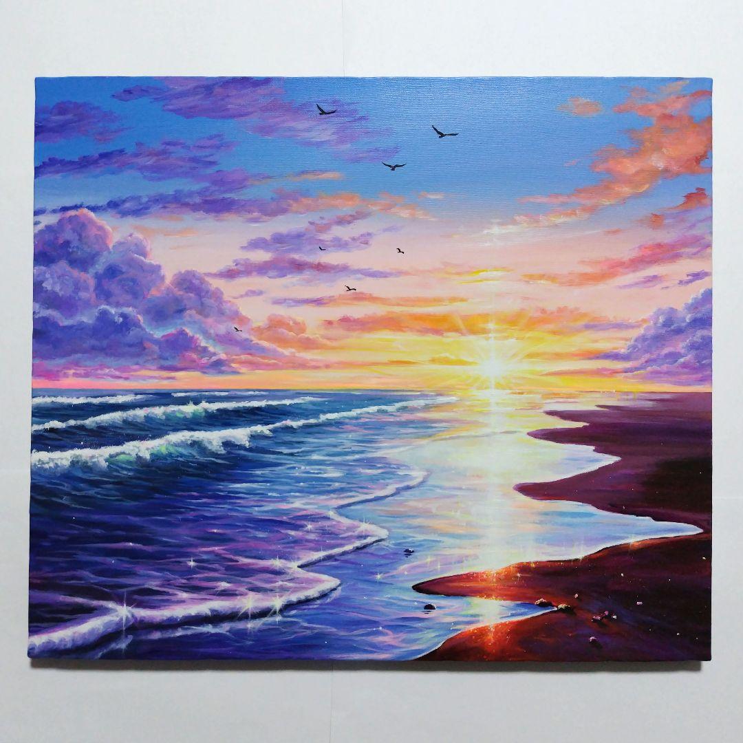夕暮れ時の海】アクリル画 F10 風景画 絵画 美術品・アンティーク