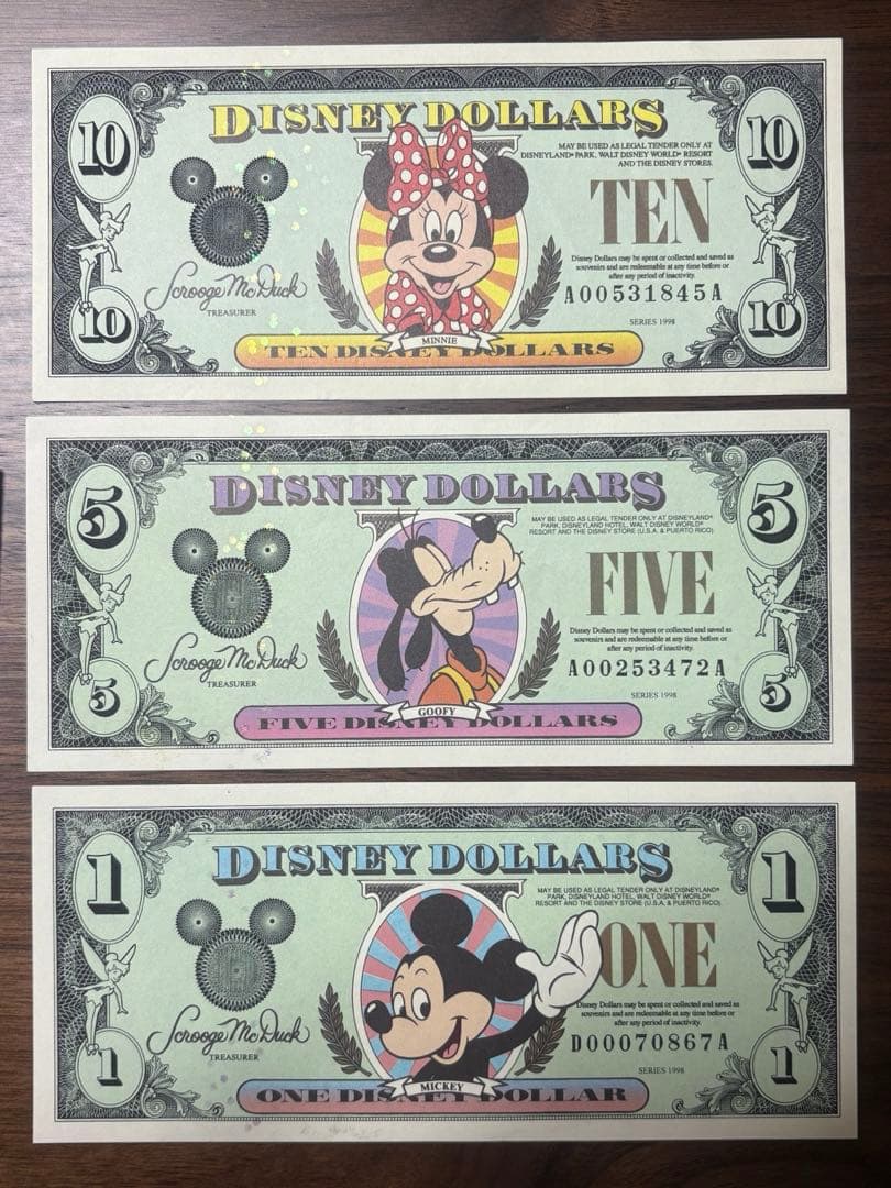Disney Dollars セット ($1, $5, $10) 1998年