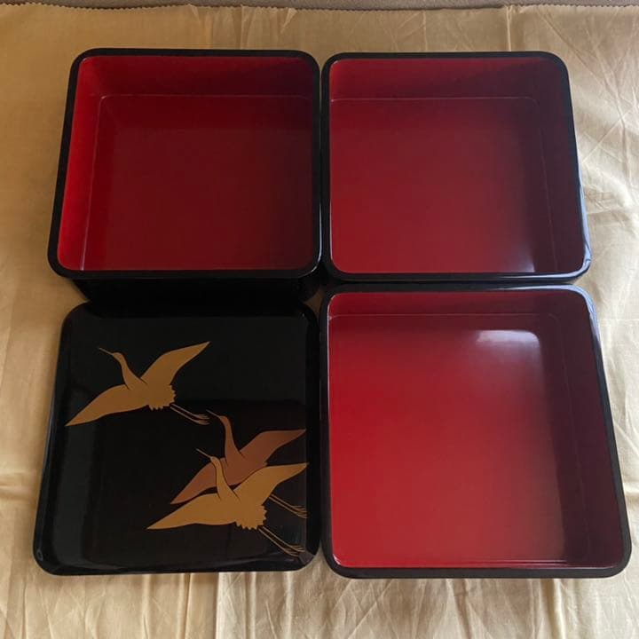 輪島塗 御重箱 三段重 黒塗内朱 夫婦鶴 漆器 美品 おせち