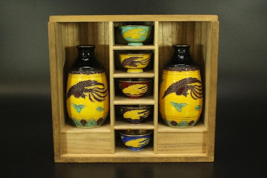 永楽焼 内銀張 徳利一対 盃五客 金生堂造 共箱 美品(A273)