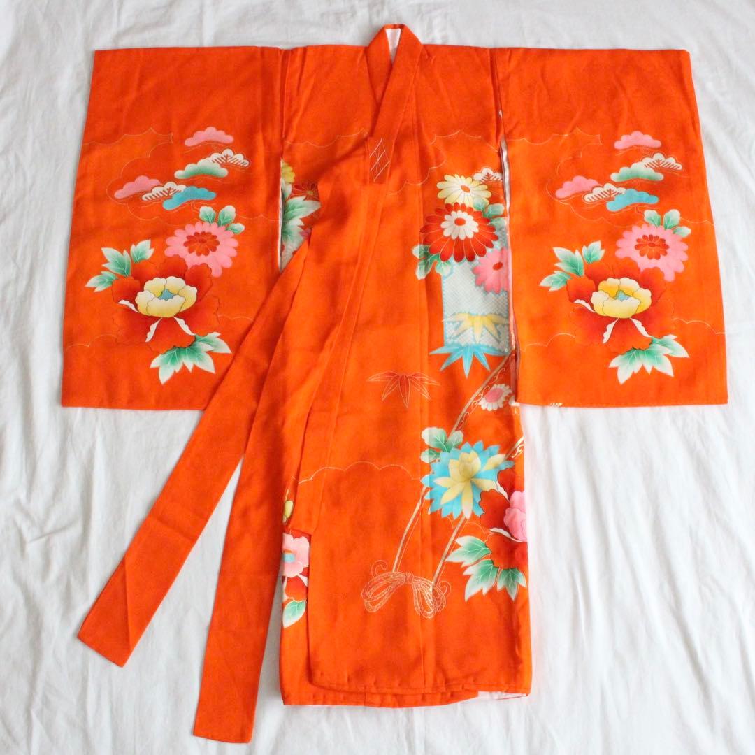 七五三 3歳 女の子 子供 オレンジ 着物 被布 セット