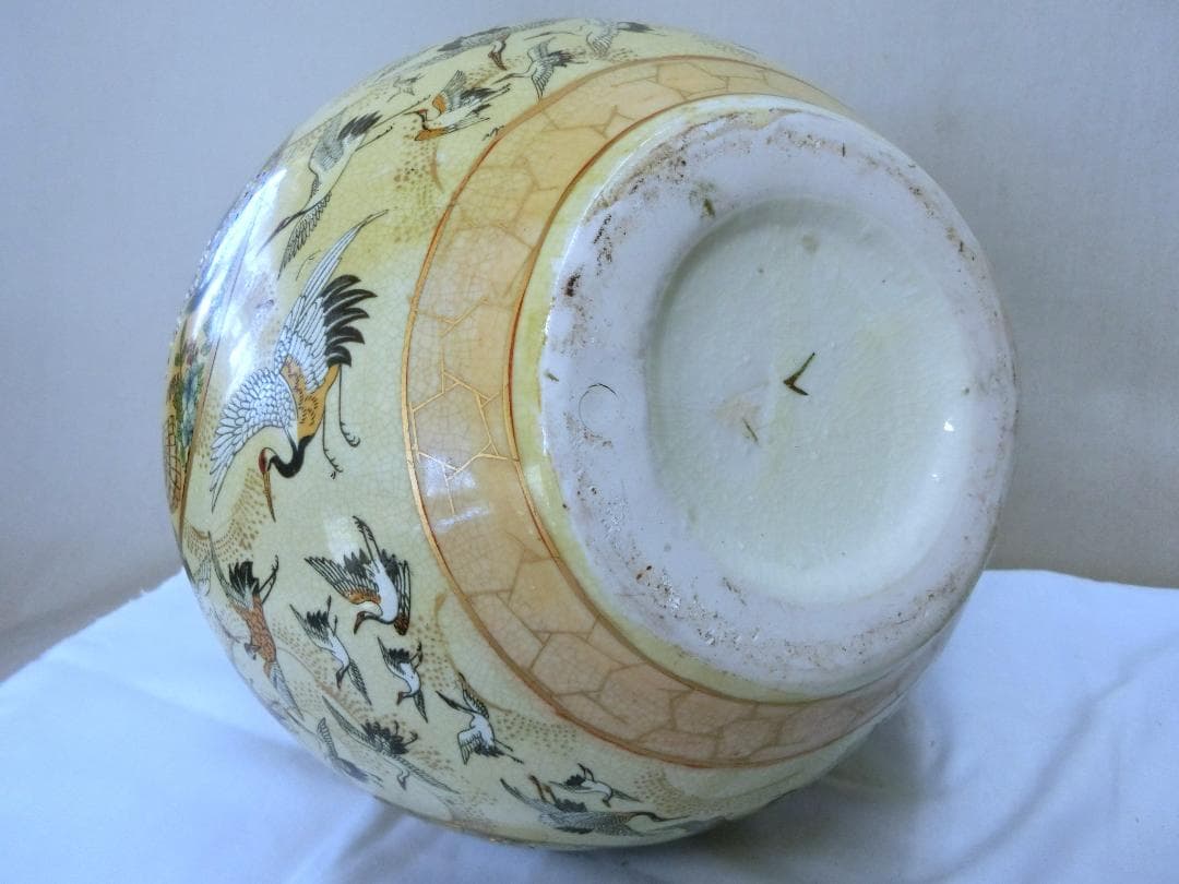 金彩多色色絵花器 首長壺 群鶴丸窓花鳥文・NG・中国 オブジェ古董