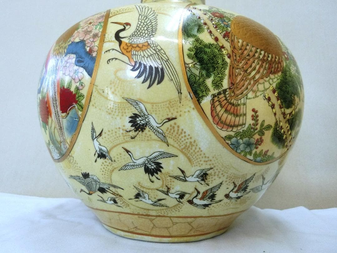 金彩多色色絵花器 首長壺 群鶴丸窓花鳥文・NG・中国 オブジェ】古董