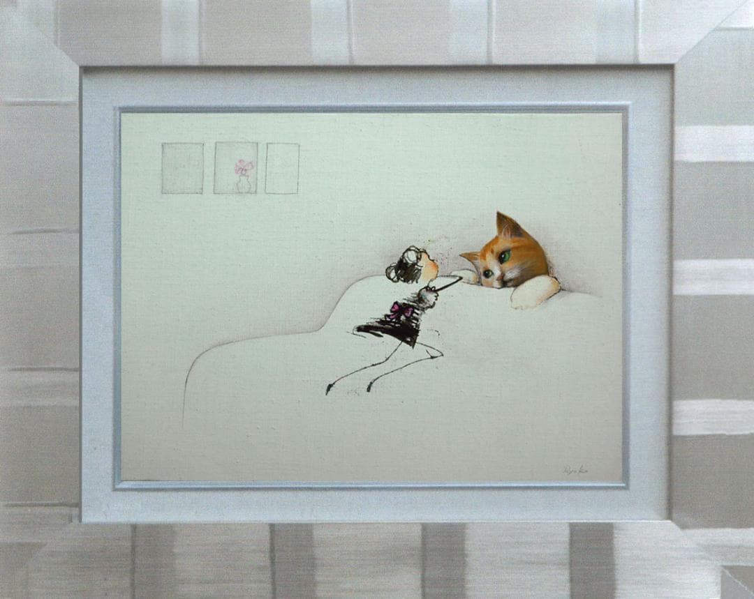 油絵 菅家令子 絵 絵画インテリア額付(青緑＋金色の枠)F4-090518猫女子