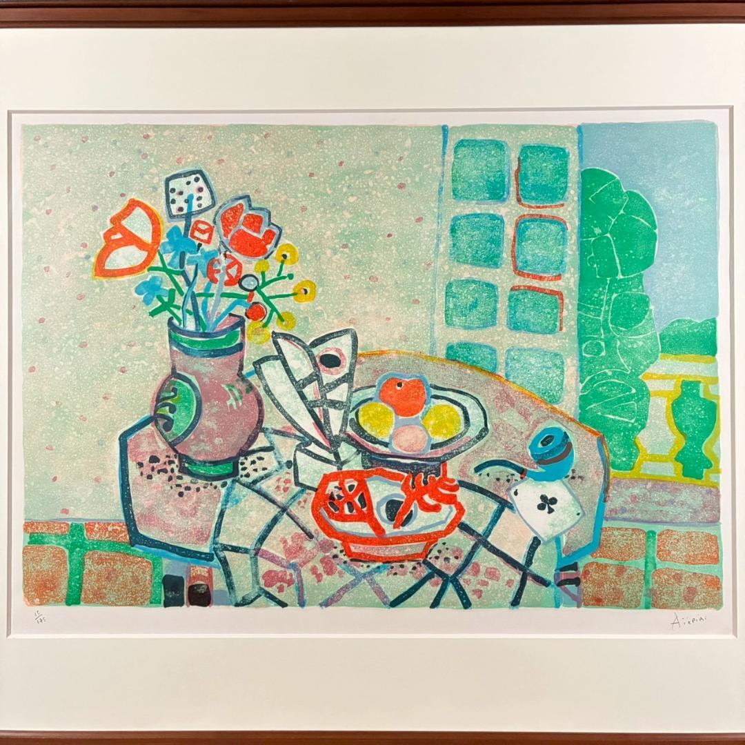 美品 ポール・アイズピリ「テーブルの花と果物」リトグラフ 直筆サイン