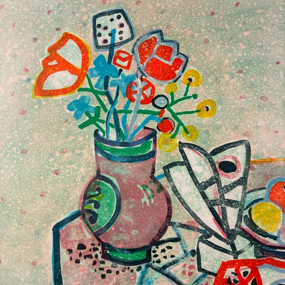 美品 ポール・アイズピリ「テーブルの花と果物」リトグラフ 直筆サイン