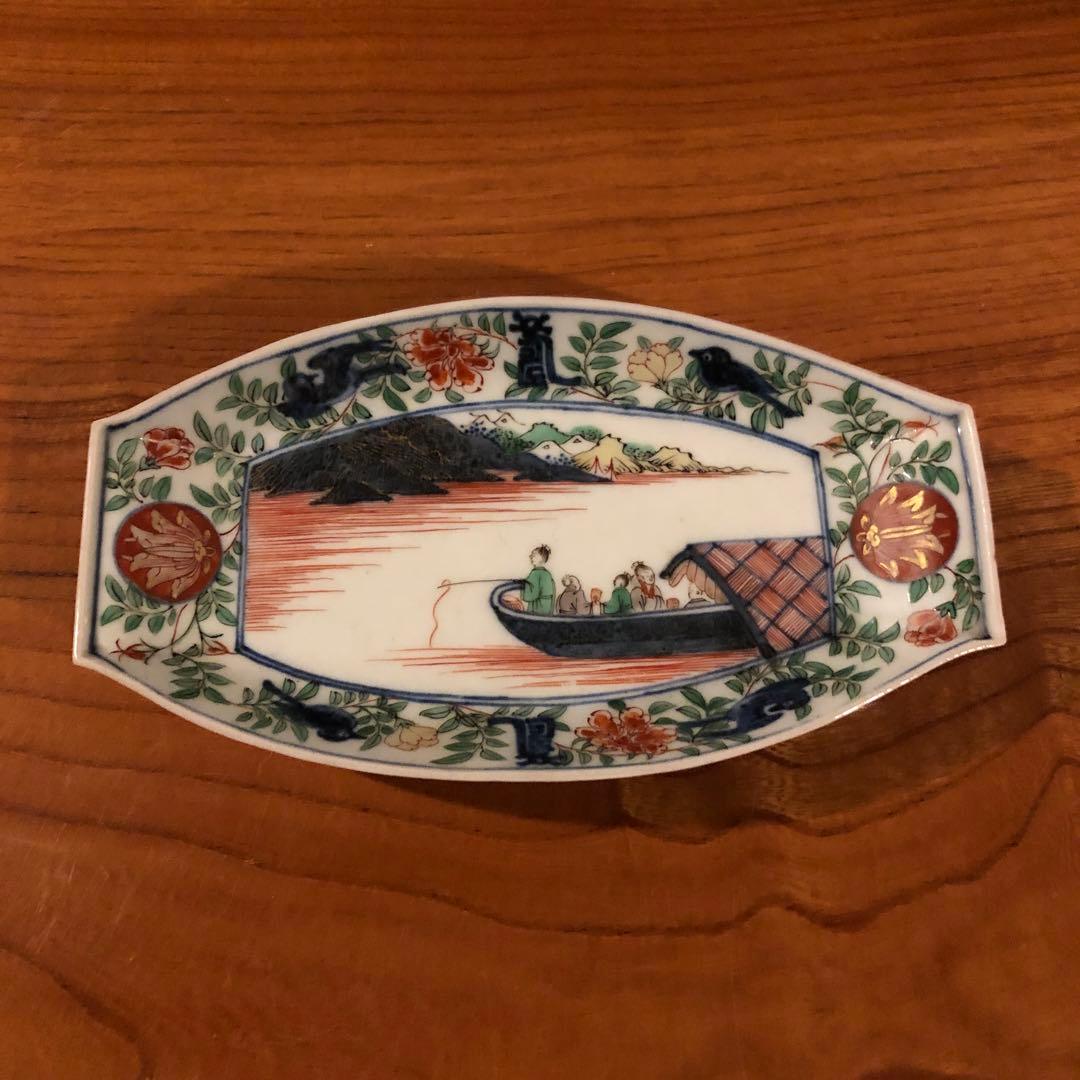 上手の古伊万里色絵舟形皿5客