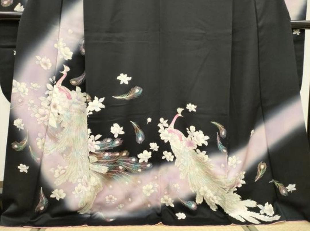 振袖 フルセット6点サイズL孔雀花文 暈し染 黒地 銀彩