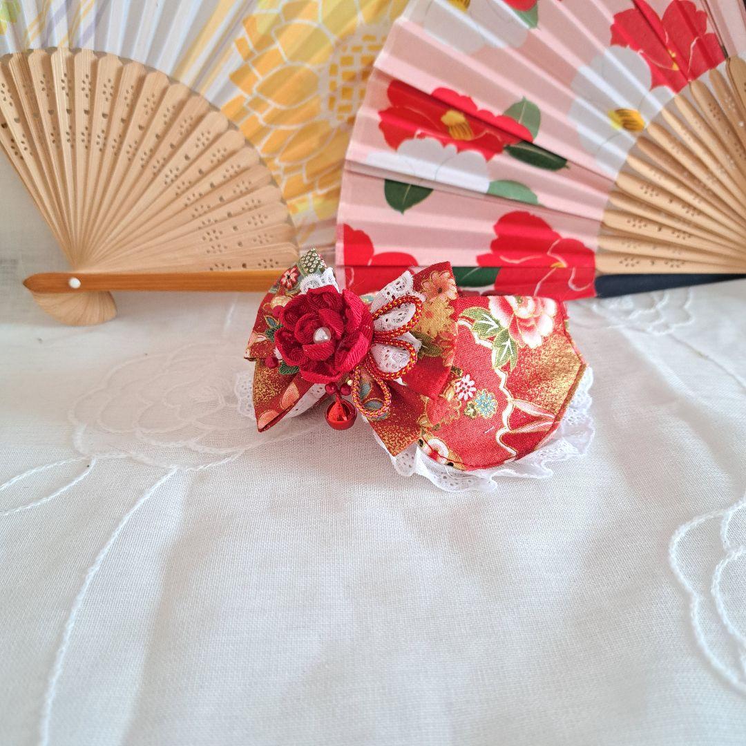 和風つまみ細工付き(赤②)わんちゃん猫ちゃん用襟つき首輪