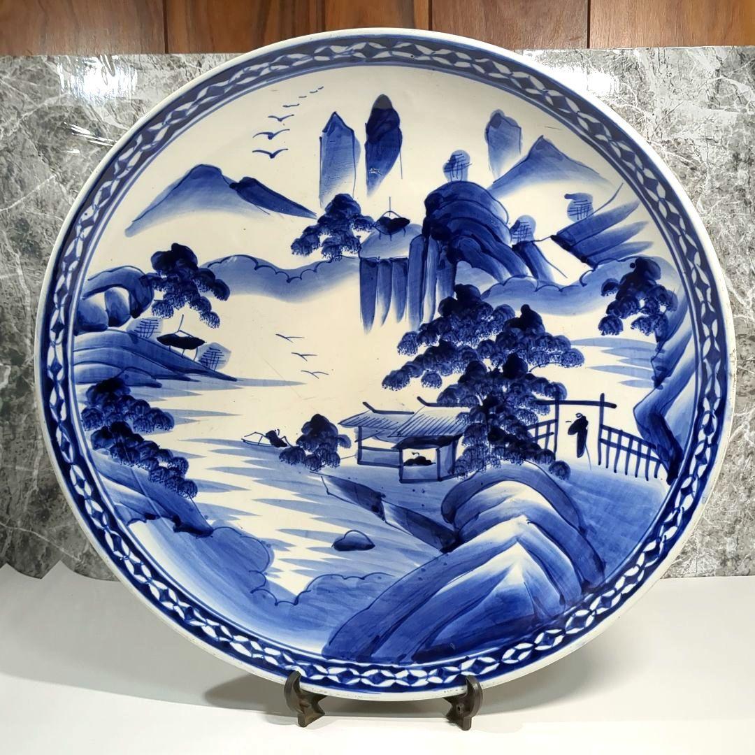 古伊万里焼 青染付の山水画 陶磁器特大皿 約46cm 骨董品 - メルカリ