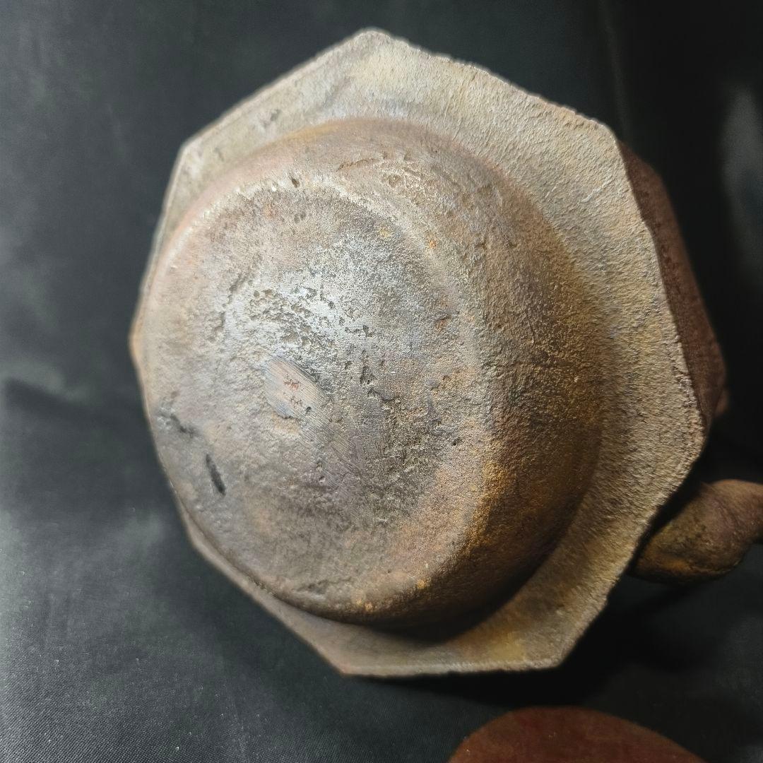 茶道具 南部鉄器 面取り鉄瓶 近江八景文 紫銅蓋 銀象嵌取手 明治骨董