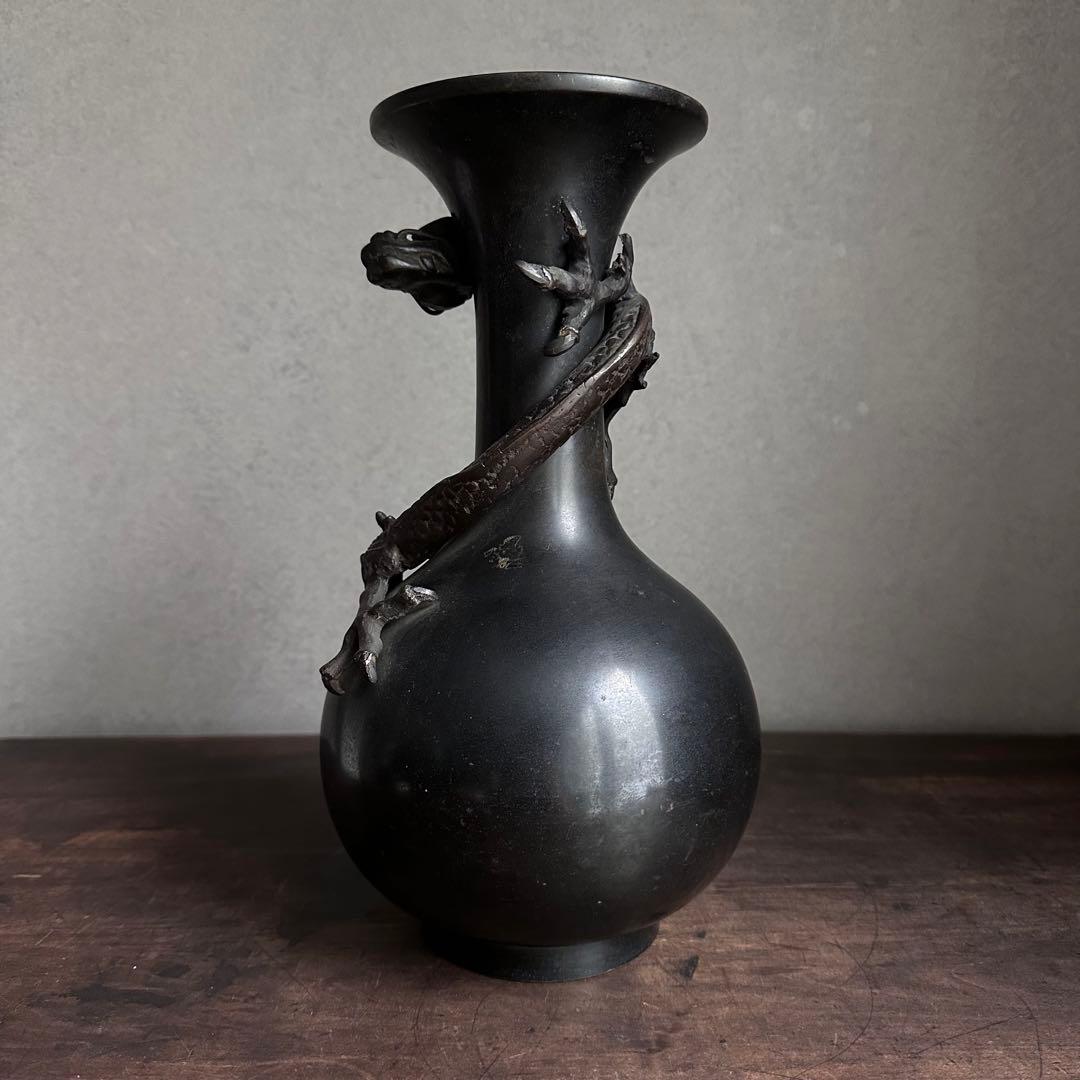 【希少】　古銅　銅製　鉄龍巻　龍巻花瓶　雄峰造　花入　高岡銅器　金工美術　大