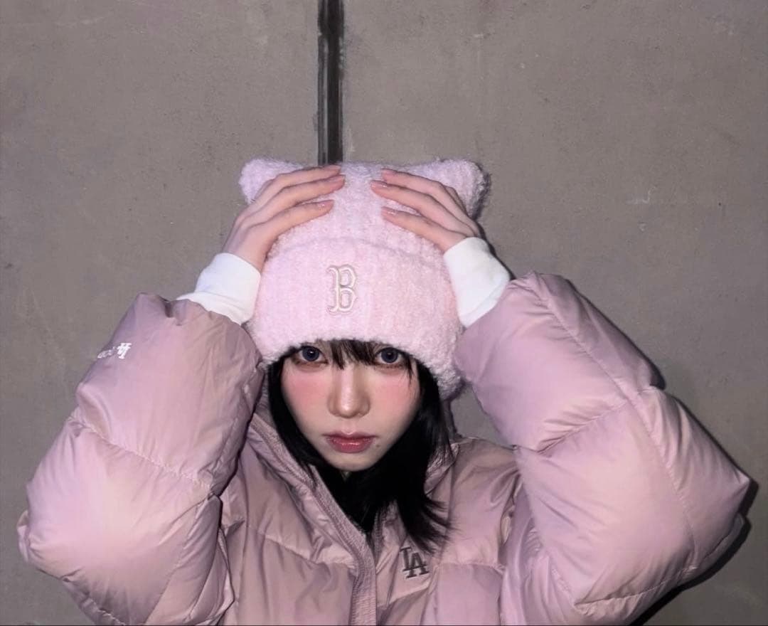 MLB Korea カリナ着用 ビーニー ピンク 猫耳ニット帽 韓国限定 完売品