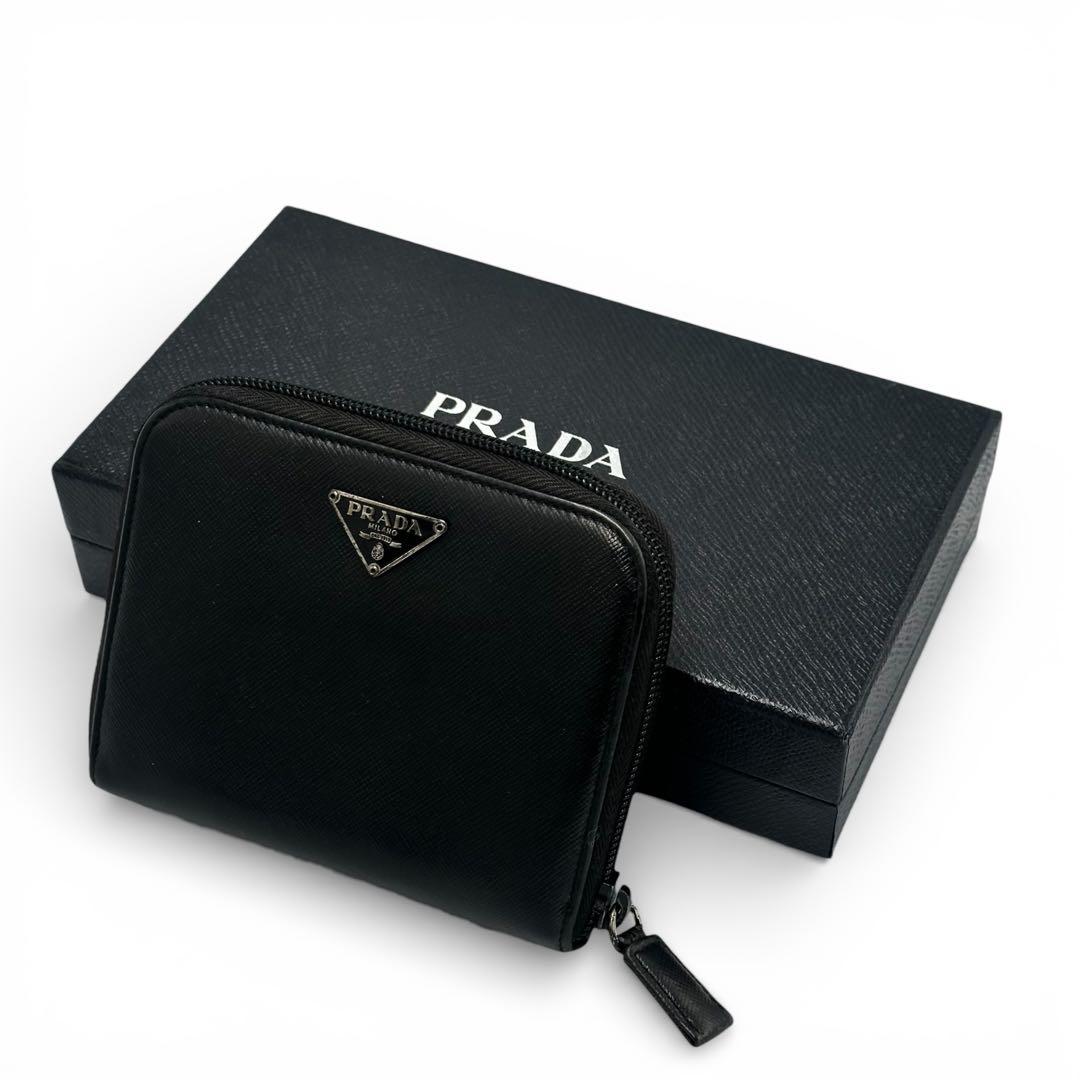 美品】プラダ 2つ折り長財布 サフィアーノレザー ブラック 黒 三角