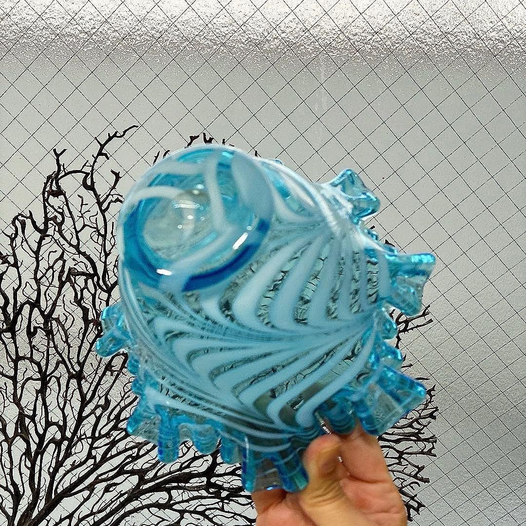 骨董 時代ガラス 希少 電笠フリル 掻き揚げ紋 水色ガラス 菓子鉢 ウラン1