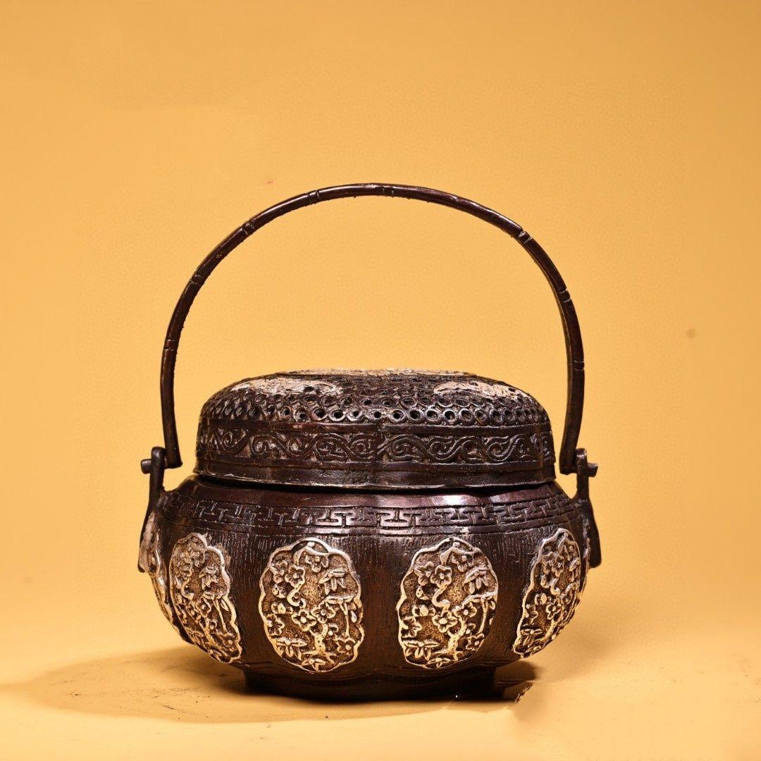 銅 細工 高浮彫鏨刻銀温手炉 香炉 提梁炉 香道具 装飾品 工芸品 置物