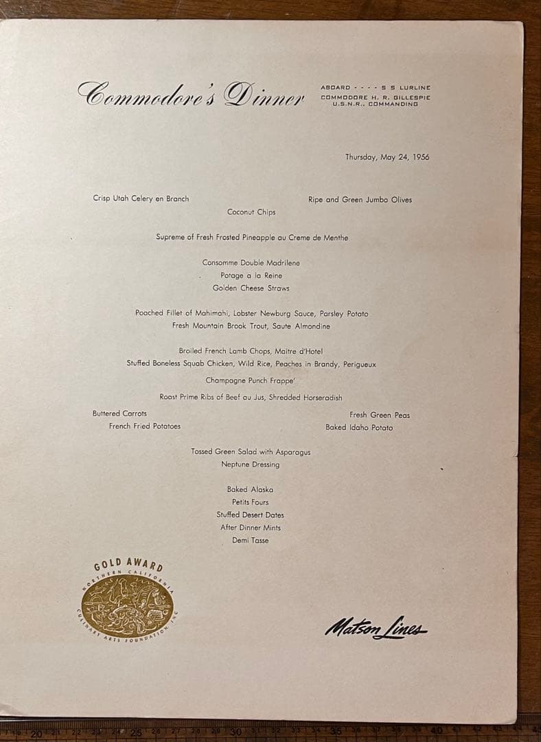 貴重！今やアート！ 1956年代 Matson Line 客船の メニュー