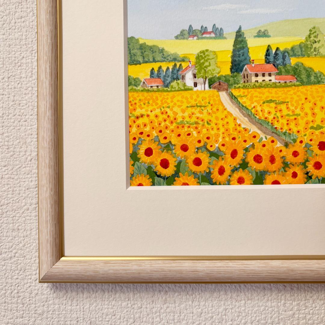 アクリル画　原画　「ひまわりの丘10」額縁付　SMサイズ　風景画