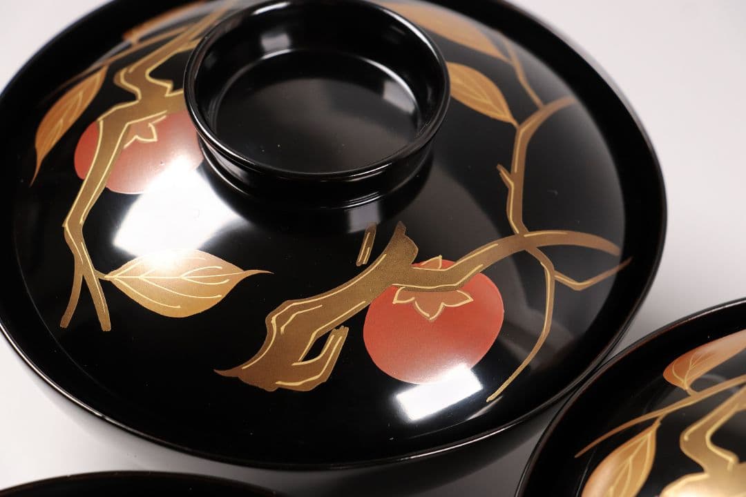 CK72 漆芸 木製漆器 輪島塗 柿蒔絵 黒塗御吸物椀 五客 / 秋 果物