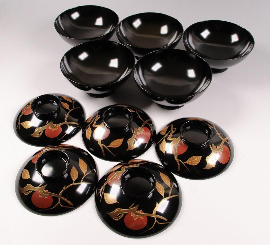 CK72 漆芸 木製漆器 輪島塗 柿蒔絵 黒塗御吸物椀 五客 / 秋 果物