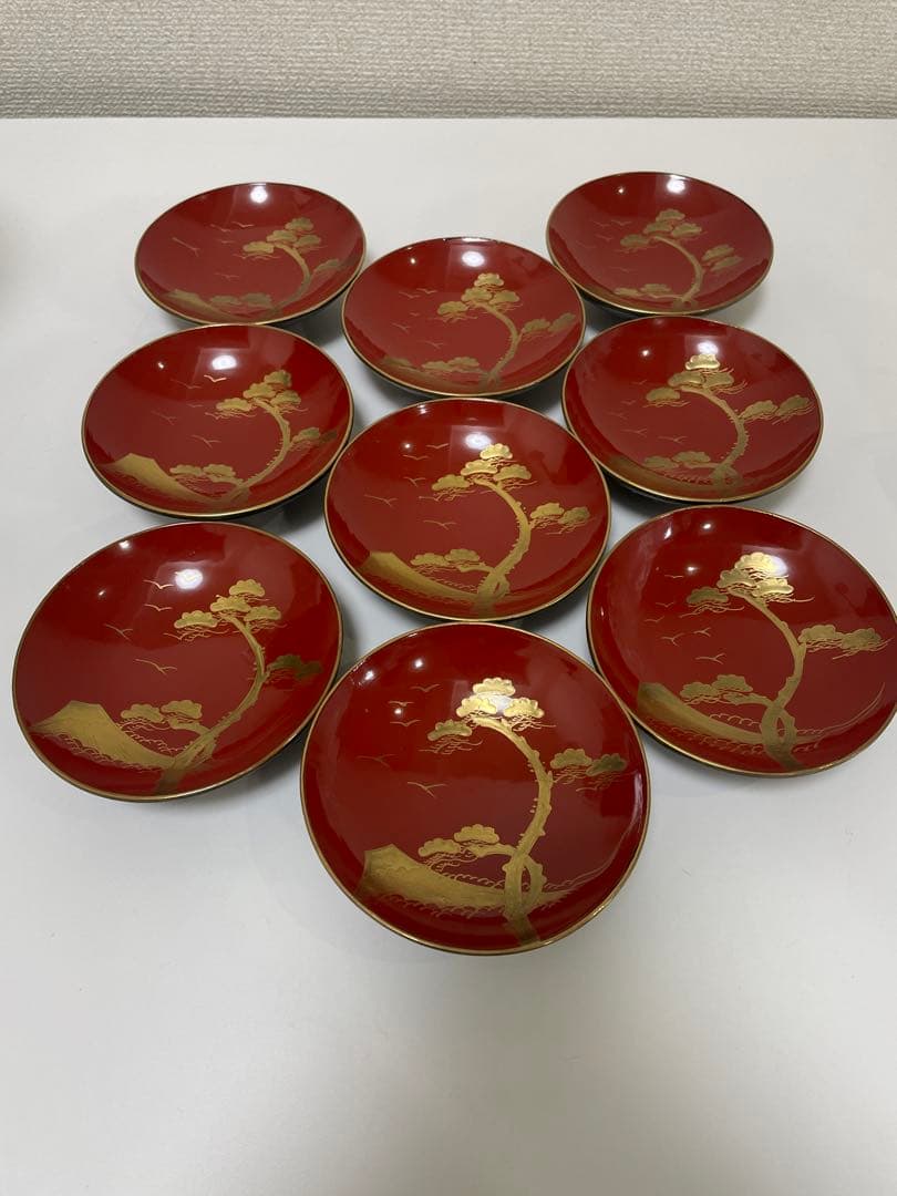 明治 大正期 会津塗 鉄錆塗 蒔絵 富士山 松 梅 木製 蓋付き お椀 内朱 ②