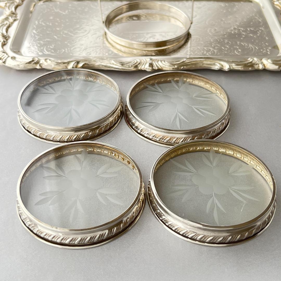 【純銀 / ガラス】ワイングラスコースター 4枚 スターリングシルバー (1)