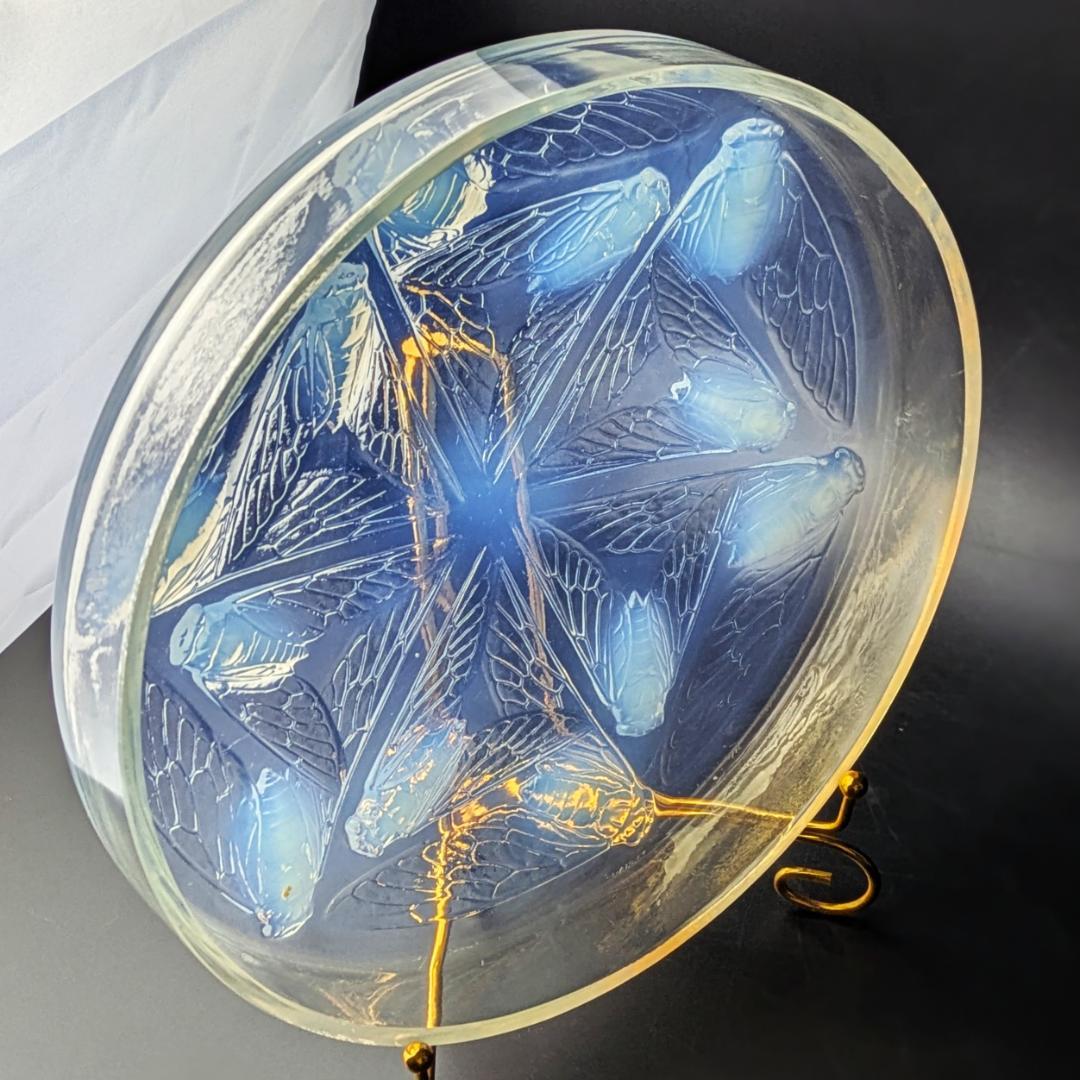 ラリックCigales 1921年セミ紋様26cm大蓋物 純正台座付 入手極困難