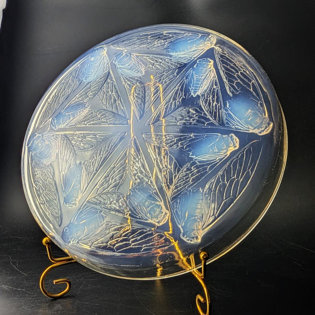 ラリックCigales 1921年セミ紋様26cm大蓋物 純正台座付 入手極困難