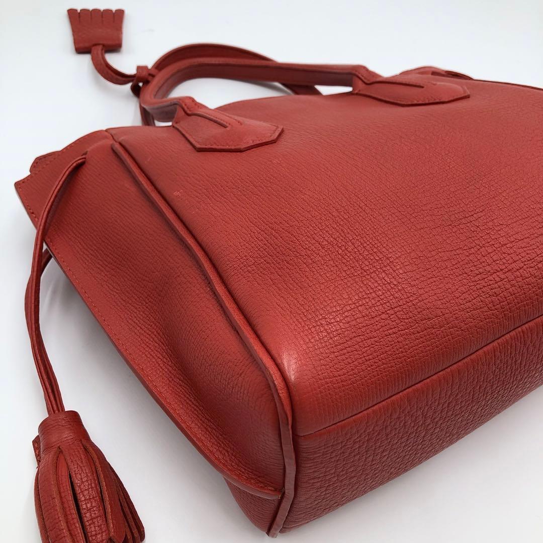 美品 ロンシャン ペネロペ シボ革 ハンドバッグ レザー 濃いオレンジ系