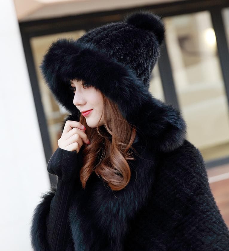 新品限定◇フォックスとミンク編みこみ帽子 ◇ポンポン付き/黒◇毛皮ファー