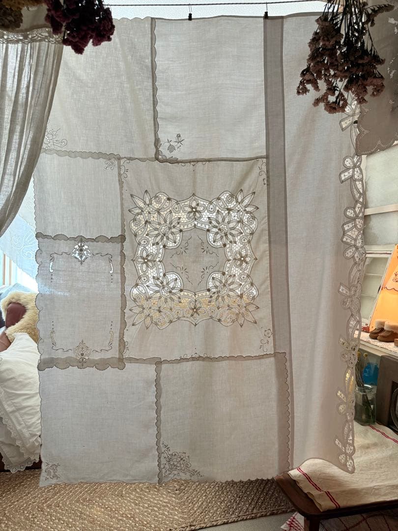 フランスアンティーク花柄刺繍レースクロスカーテンஐハンドメイド①