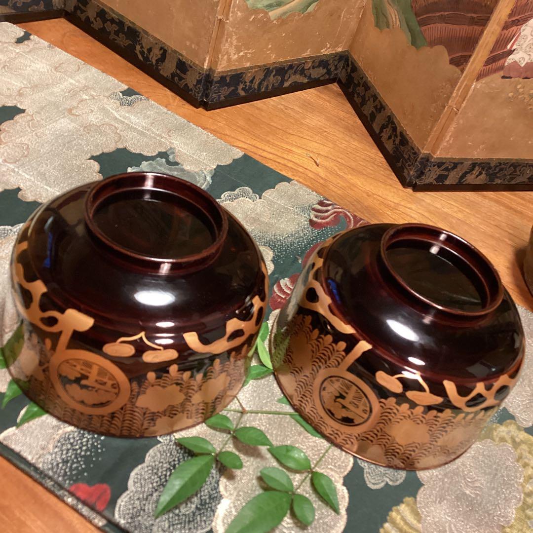 A913 木製輪島塗 枝垂桜蒔絵 時代物 盃洗 1対 （合わせ箱付）