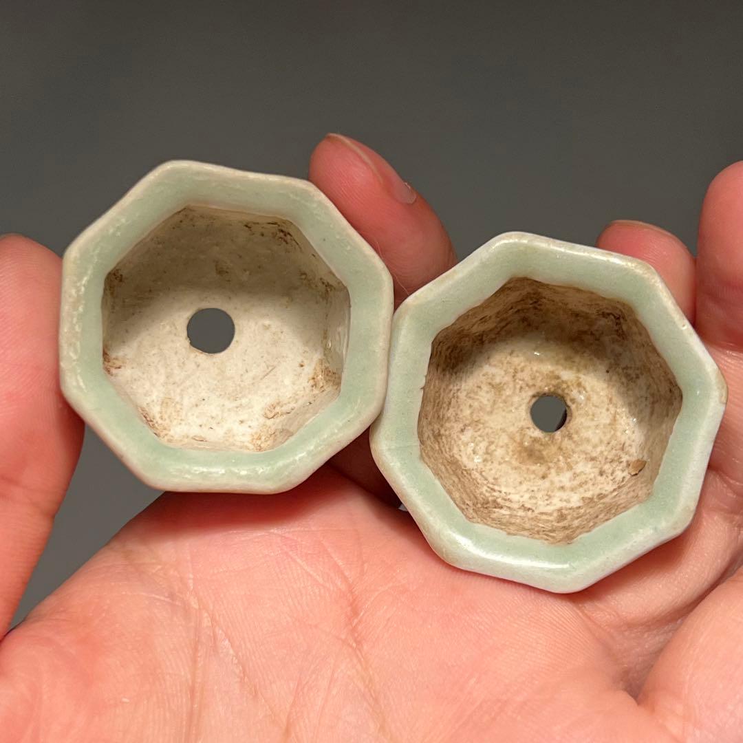 797.夢陶 青磁釉八角豆鉢2 点 ミニ鉢 盆栽鉢3.6*3.8*2.7cm