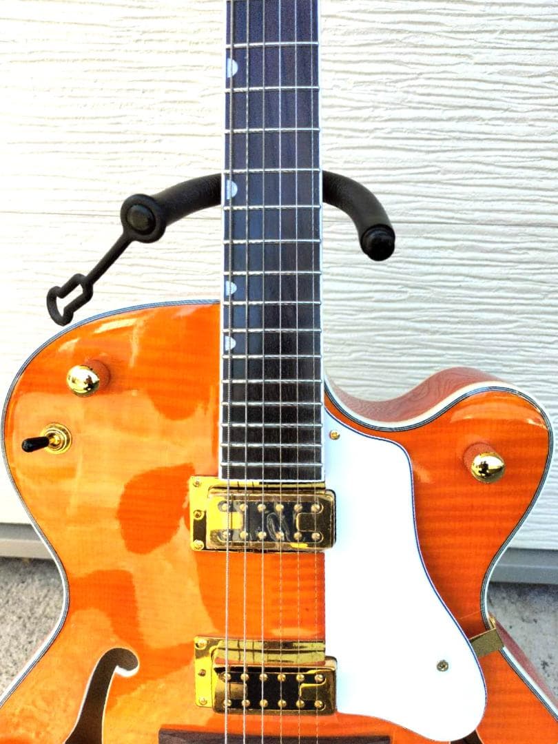 フルアコアーチトップギター③　オレンジ虎目トレモロアーム　ステンレスフレット