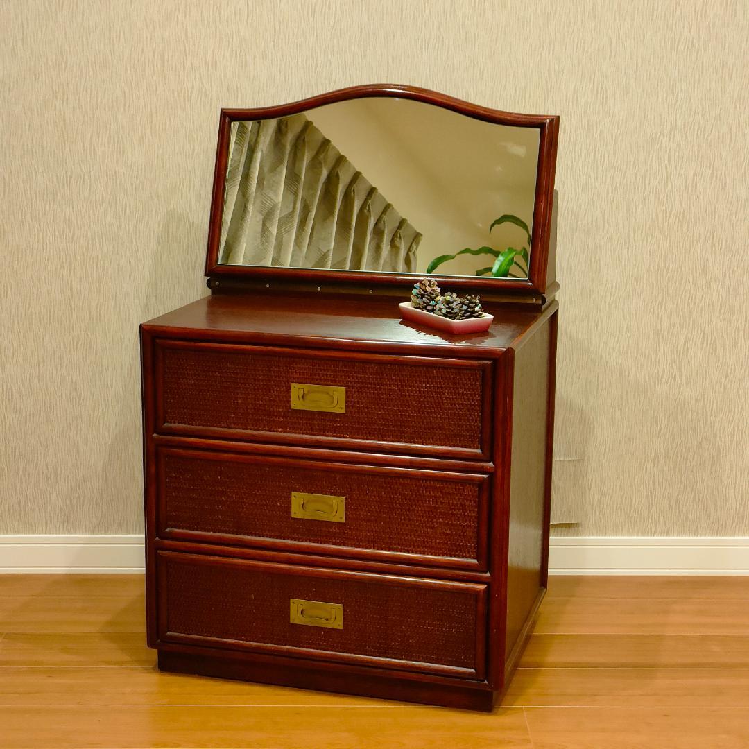 昭和レトロラタン ドレッサー鏡台 引き出し付きアーチ型ミラービンテージ