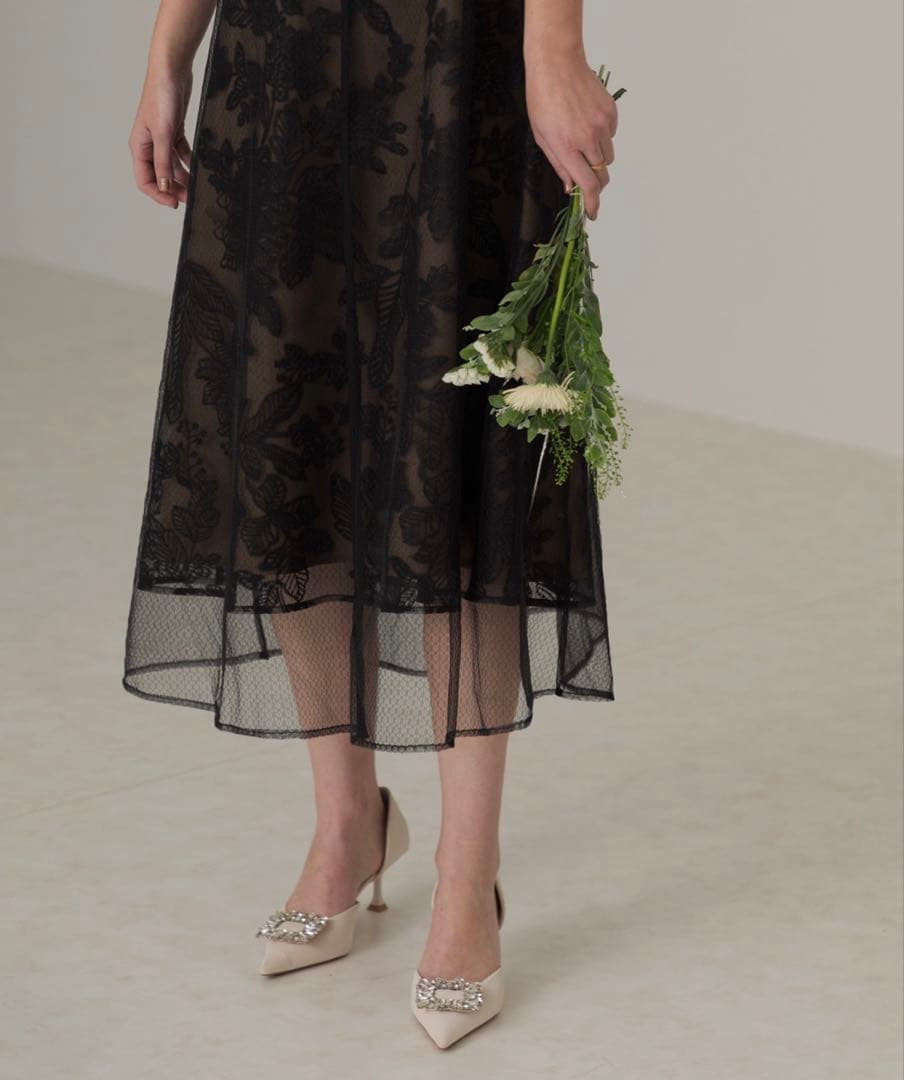 【LEJA】チュールパイピングリーフベルトAラインドレスワンピース Sサイズ