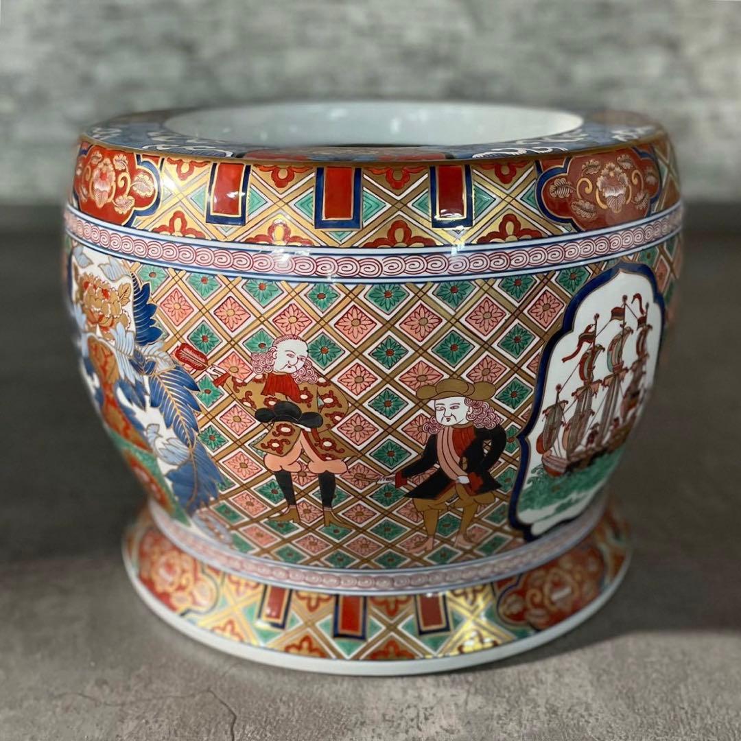 SNT257 極上品 有田焼 松右衛門 作 染錦金彩ラッタン人 南蛮船図火鉢