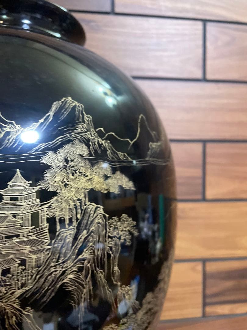 中国古玩 福建漆器 金彩画 大花瓶 台付