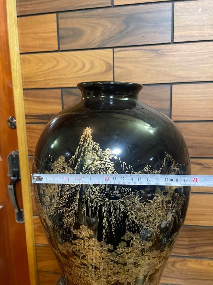 中国古玩 福建漆器 金彩画 大花瓶 台付