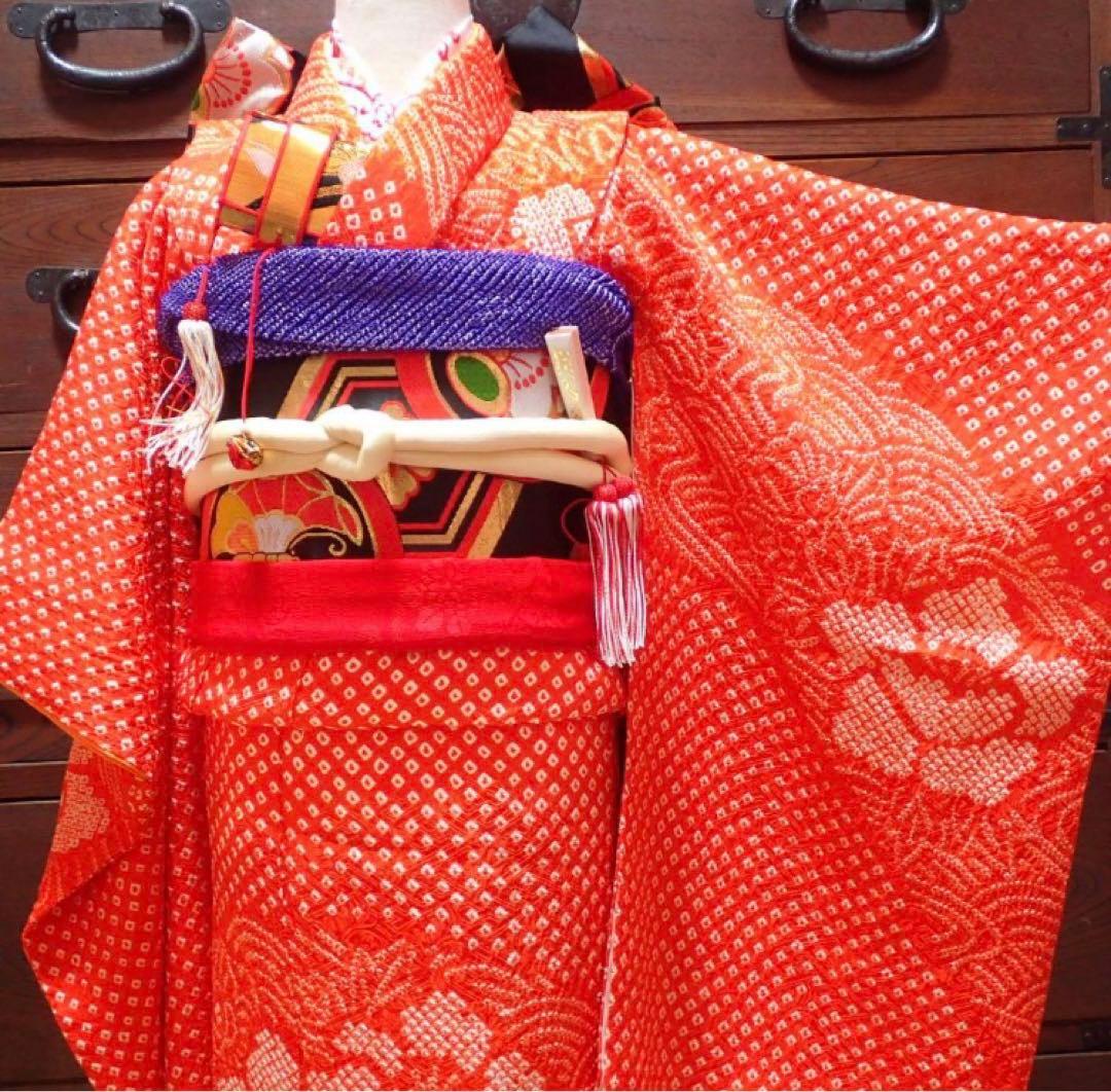 7歳　レトロ正絹朱色牡丹総絞り　七五三　お着物フルセット　アンティーク